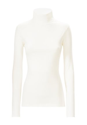Maglione a maniche lunghe con colletto alto in morbido e elasticizzato tessuto crema. Presenta una silhouette aderente e una texture liscia, con un design del colletto alto.