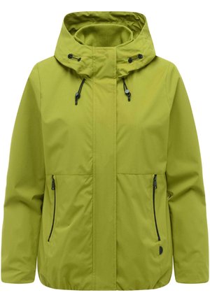 Zielona wodoodporna kurtka z kapturem, wyposażona w przedni zamek błyskawiczny oraz regulowane sznurki na kapturze i dwie boczne kieszenie na zamki.