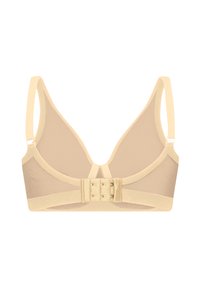 Beige bh med nätkupor, justerbara axelband, hakförslutning och mjuk yta. Minimalistisk design med en sömlös, formad form.