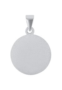 Silverfärgad rund hängande medaljong med en texturerad yta och en platt ögla för fäste. Enkel, minimalistisk design med en polerad yta.