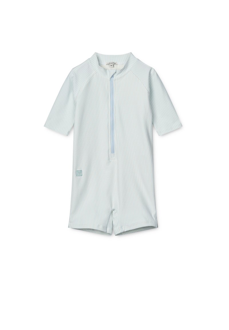 Short-sleeved children's romper in light blue with thin stripes, featuring a front zipper and a small logo patch on the left leg.