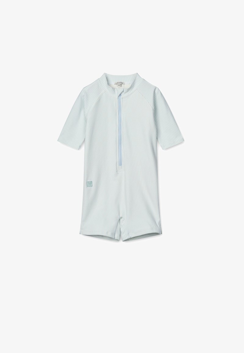 Short-sleeved children's romper in light blue with thin stripes, featuring a front zipper and a small logo patch on the left leg.