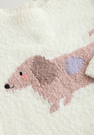 Krēmkrāsas adīts džemperis ar teksturētu takša dizainu gaiši rozā un lavandas krāsā, ar izšuvumu detaļām un ribām ap kakla izgriezumu.