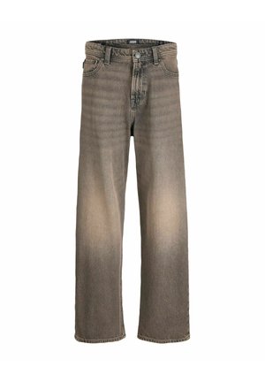 Jean en denim marron délavé à jambes larges avec cinq poches et fermeture par bouton, présenté sur un fond blanc.