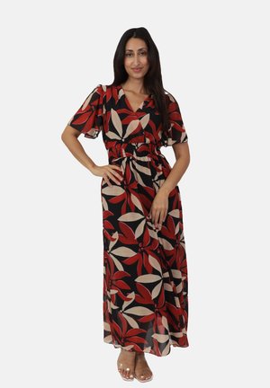 Maxi kjole i sort stof med rød og beige bladmønster, korte flæseærmer, elastisk talje, svajende skirt, transparent tekstur.