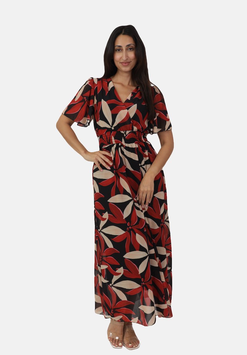 Maxikleid aus schwarzem Stoff mit rotem und beigem Blättermuster, kurzen schwingenden Ärmeln, elastischem Taillenbund, fließendem Rock und transparenter Textur.