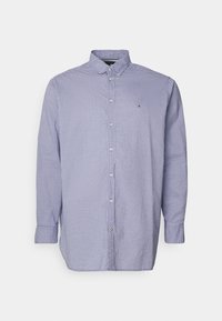 Langarm overhemd met een blauw en wit geruit patroon, button-down kraag en klein logo op de borst.