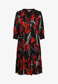 Zwarte jurk met een rode klaproos bloemenprint, witte omlijningen en stippenaccenten op de mouwen. Losse pasvorm met een gelaagd ontwerp en een v-hals.