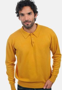 Mann mit dunklem, lockigem Haar und Bart, der einen senfgelben Langarm-Polo-Pullover mit Knöpfen trägt und mit einer Hand in der Tasche steht.