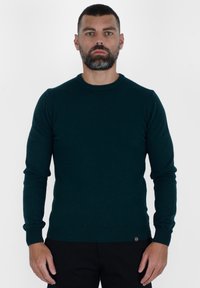 Maglione a maglia verde scuro con maniche lunghe, scollatura rotonda e polsini e orlo a coste. Presenta un piccolo dettaglio del logo nella parte inferiore.