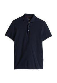 Polo shirt blu navy in cotone morbido, con colletto classico, patta con quattro bottoni e maniche corte. Nessun motivo visibile.