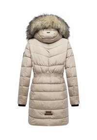 Beige puffer coat with a fur-trimmed hood, quilted design, adjustable waist, and black knitted cuffs. Features logo accents at the hem.