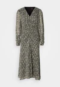 Robe longue à imprimé floral noir et blanc avec un décolleté en V, de longues manches bouffantes et une fente sur le côté, en tissu léger. Fermeture éclair au dos.