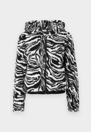 Hoodie en polaire à motif zèbre noir et blanc avec fermeture éclair à l'avant, poignets et ourlet élastiques. Texture douce, entièrement doublé, avec capuche à cordon.