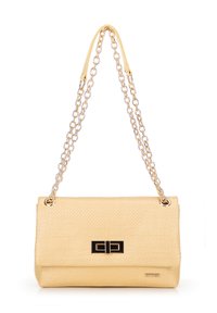 Beige synthetic handbag with a structured shape, featuring a silver chain strap and a black rectangular hardware accent on the front.
