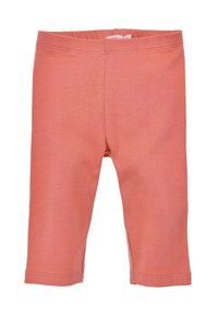 Leggings en corail rose fabriqués en tissu doux et extensible. Longueur cheville avec une taille élastique simple et sans motifs ni accessoires supplémentaires.