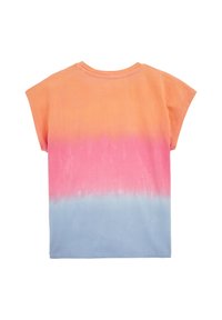 Trumpa rankovė t-shirt su gradientiniu dizainu oranžinės, rožinės ir mėlynos spalvos atspalviais. Pagaminta iš minkštos medžiagos, su apvaliu kaklu ir laisvu siluetu.