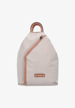 Grau nylon Rucksack mit einer gebogenen Silhouette, braunen Lederakzenten, einem diagonalen Reißverschluss und einem Tragegriff oben. Logo auf einem Lederpatch angebracht.