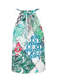 Pleated strap dress in various colors and patterns, featuring green, blue, red, and black geometric designs on a white background.