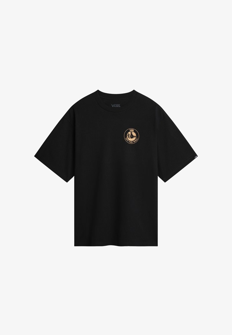 T-shirt en coton noir avec un col rond, des manches courtes et un logo circulaire sur la poitrine gauche en couleur beige, portant le texte "Off the Wall".