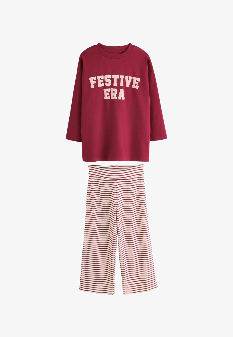 Maroon long-sleeve top with "FESTIVE ERA" in cream, paired with wide-leg striped pants in red and cream. Cotton blend fabric, casual design.