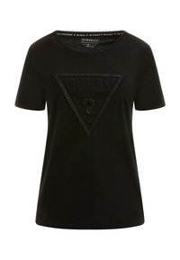 Black cotton T-shirt with short sleeves. Features a textured triangular logo in the center with a question mark and brand name. Smooth finish.