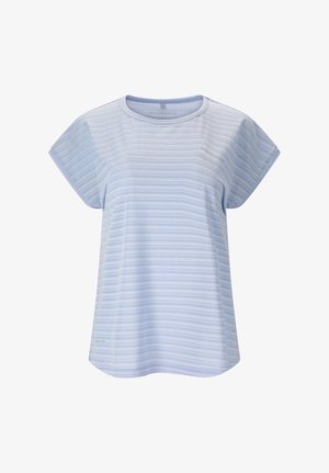 Lyseblå atletisk t-shirt med korte ærmer, diskrete vandrette striber og rund halsudskæring, lavet af fugttransporterende stof.