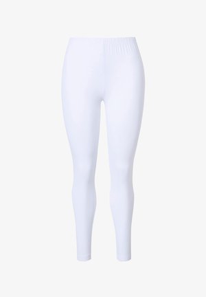 Białe legginsy wykonane z elastycznego materiału, z wysokim stanem i gładką, lekką teksturą, zaprojektowane z myślą o komforcie i swobodzie ruchów.