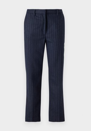 Navy striped trousers made from textured fabric, featuring a straight fit, waist pockets, and a flat front design.