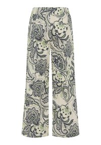 Pantalon à jambes larges avec taille élastique, présentant un motif floral paisley noir et vert sur fond crème.