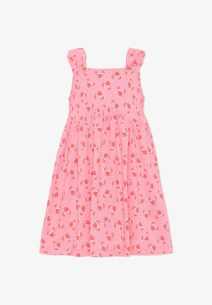 Abito rosa senza maniche con gonna arricciata, caratterizzato da un motivo a stampa di granchi rossi su tutta la superficie.