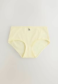 Sous-vêtement pour femme taille haute de couleur jaune clair avec une petite broderie florale et un détail de nœud au centre de la ceinture avant.
