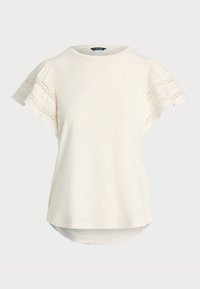 Light cream short-sleeve top with lace detail on sleeves, round neckline, and a slightly curved hem for a relaxed fit. Soft fabric texture.