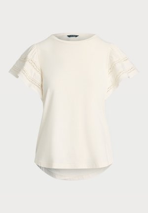 Helles Cremefarbenes Kurzarmoberteil mit Spitze an den Ärmeln, rundem Halsausschnitt und leicht gebogenem Saum für eine entspannte Passform. Weicher Stoff.