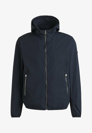 Giacca con cappuccio di colore navy realizzata in tessuto leggero, con zip completa, due tasche laterali e polsini elasticizzati per una vestibilità aderente.