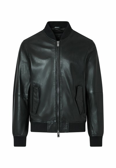 Veste bomber en cuir noir avec fermeture éclair à l'avant, deux poches latérales, col, poignets et taille côtelés.