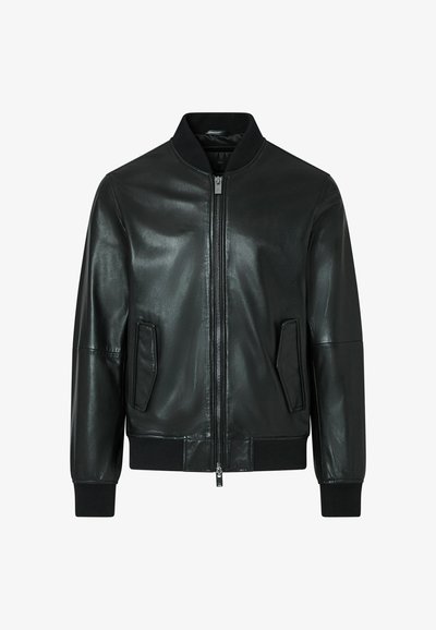 Veste bomber en cuir noir avec fermeture éclair à l'avant, deux poches latérales, col, poignets et taille côtelés.