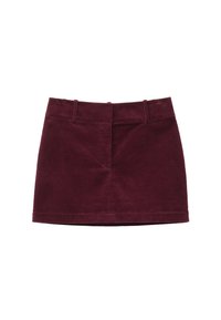Bordeauxfarbene Rippencord-Minirock mit vertikaler Ripptextur, ausgestattet mit einer figurbetonten Passform und einem geraden Saum ohne sichtbare Hardware.
