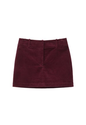 Burgundy corduroy mini skirt with vertical ribbed texture, featuring a fitted design and a straight hem with no visible hardware.