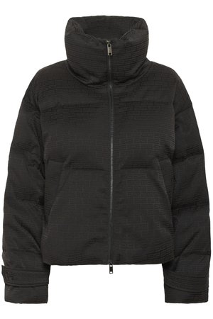 Black puffer jacket with high collar, full zipper, quilted texture, and embossed pattern throughout. Features side pockets and a cropped fit.