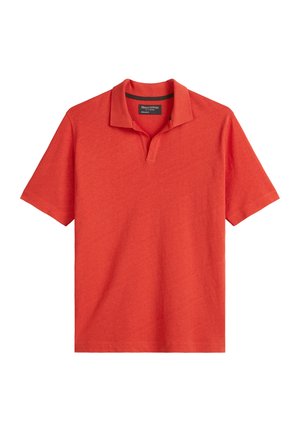 Short-sleeve polo shirt in solid bright orange. Made from soft cotton, features a collared neckline with a three-button placket and regular fit.