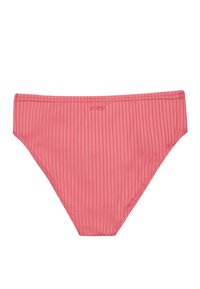 Růžové žebrované bikiny s hladkým povrchem, elastickým pasem a nenápadně vytištěným názvem značky "protest" na látce.