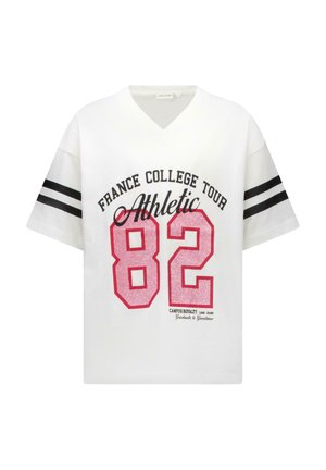 Witte korte mouwen shirt met zwarte strepen op de mouwen, "France College Tour Athletic 82" in grote rode en zwarte letters aan de voorkant.