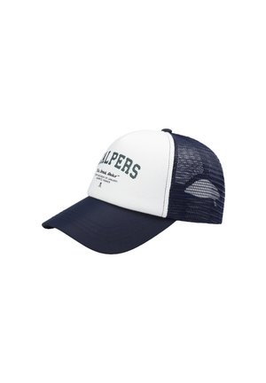 Gorra de camionero con una parte frontal blanca, visera azul marino y parte trasera de malla. Presenta el texto 'HALPERS' en verde. Tela resistente con visera curvada.