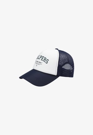 Trucker cap with a white front, navy brim, and mesh back. Features 'HALPERS' text in green. Sturdy fabric with curved visor.