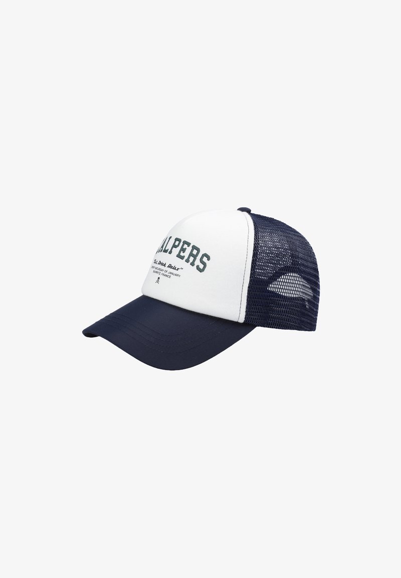 Gorra de camionero con una parte frontal blanca, visera azul marino y parte trasera de malla. Presenta el texto 'HALPERS' en verde. Tela resistente con visera curvada.