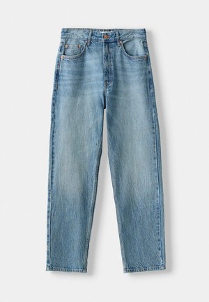 Light blue denim jeans with classic five-pocket style and button fly, displayed flat on a white background.