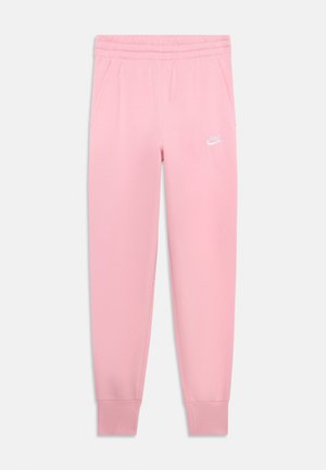 Rožiniai Nike treningai su minkšta, lygia tekstūra, elastinga liemens juosta, šoninėmis kišenėmis ir baltu logotipu. Siaurėjančios kulkšnys.