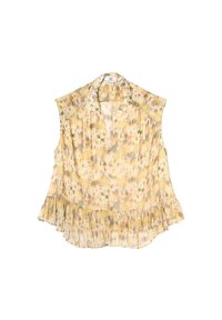 Blusa sin mangas en tejido ligero con un estampado floral. Presenta un escote en V profundo, pliegues y un dobladillo con volantes en suaves colores pastel.