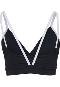 Svart bh med v-ringad design, med vita justerbara remmar och en mjuk textur. Ingen vaddering eller byglar, passar för komfort.